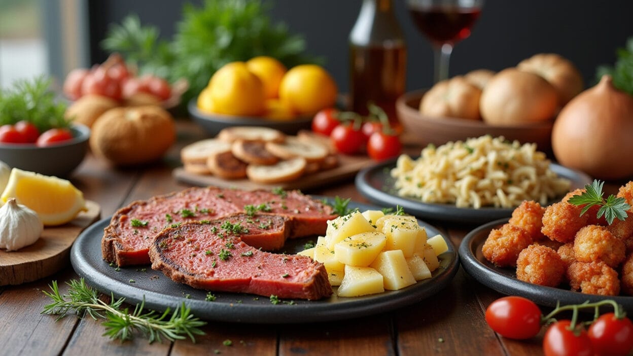 Grilled steak with potatoes, fresh vegetables, and a glass of red wine on a rustic table. BookOfFoods