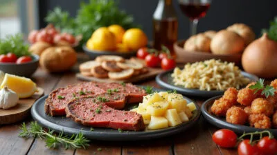 Grilled steak with potatoes, fresh vegetables, and a glass of red wine on a rustic table. BookOfFoods
