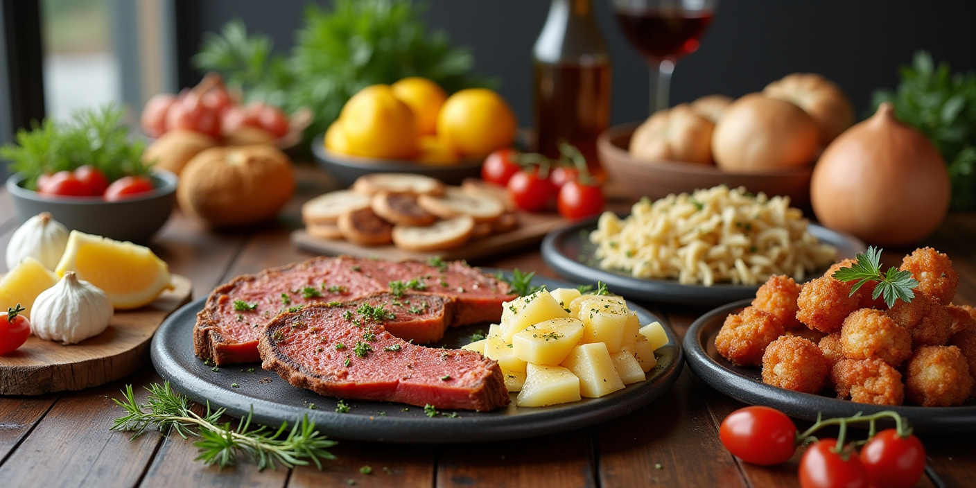 Grilled steak with potatoes, fresh vegetables, and a glass of red wine on a rustic table. BookOfFoods