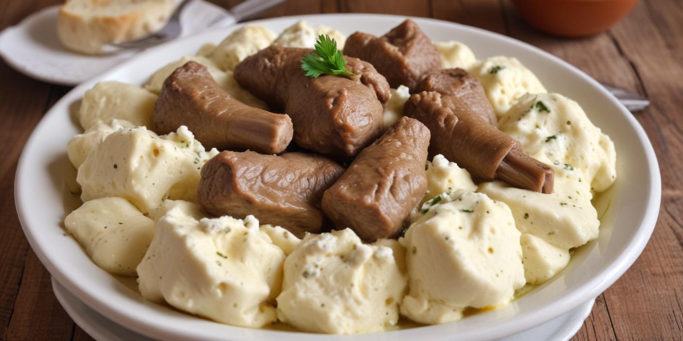 Tender beef pieces served over mashed potatoes, garnished with parsley. BookOfFoods