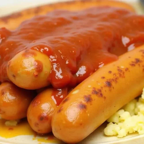 Currywurst with Mashed Potatoes – Grilled sausages smothered in curry ketchup, served with mashed potatoes.