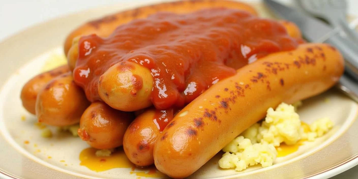 Currywurst with Mashed Potatoes – Grilled sausages smothered in curry ketchup, served with mashed potatoes.