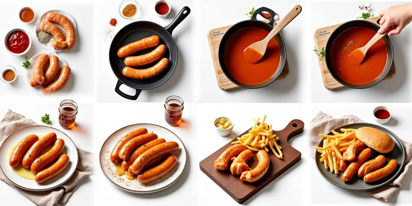 Cooking and Serving Sausages – Various ways of cooking and plating sausages, including pretzels and dipping sauces.