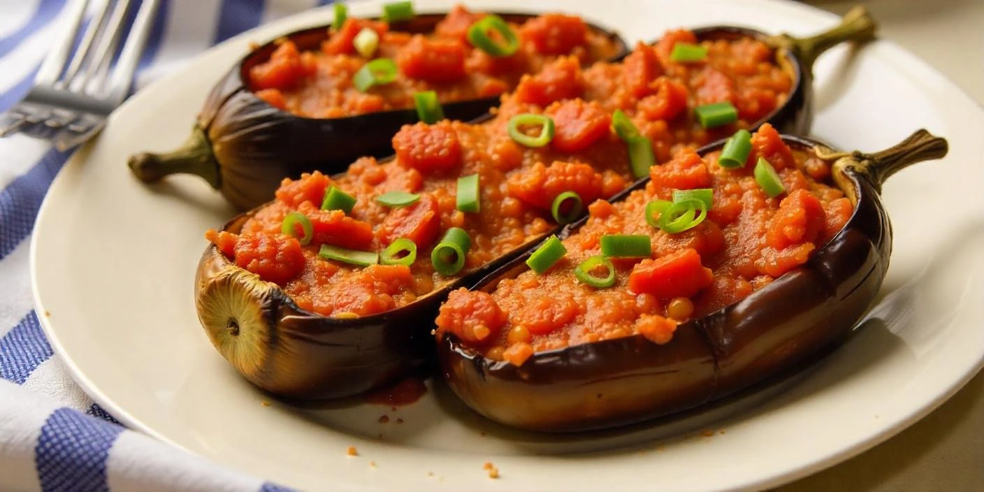 Stuffed Eggplants with Tomato Sauce – Oven-baked eggplants filled with a flavorful mixture and topped with a rich tomato sauce.