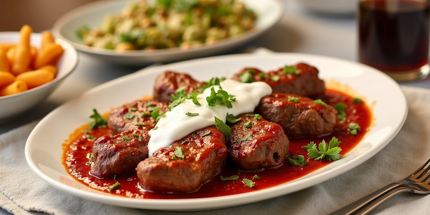 Grilled Cevapi with Ajvar – Juicy Balkan-style minced meat sausages served with ajvar and sour cream.