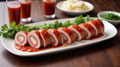 Stuffed chicken breast with tomato sauce – Sliced, rolled chicken breast stuffed with herbs and cheese, drizzled with tomato sauce and garnished with fresh greens.