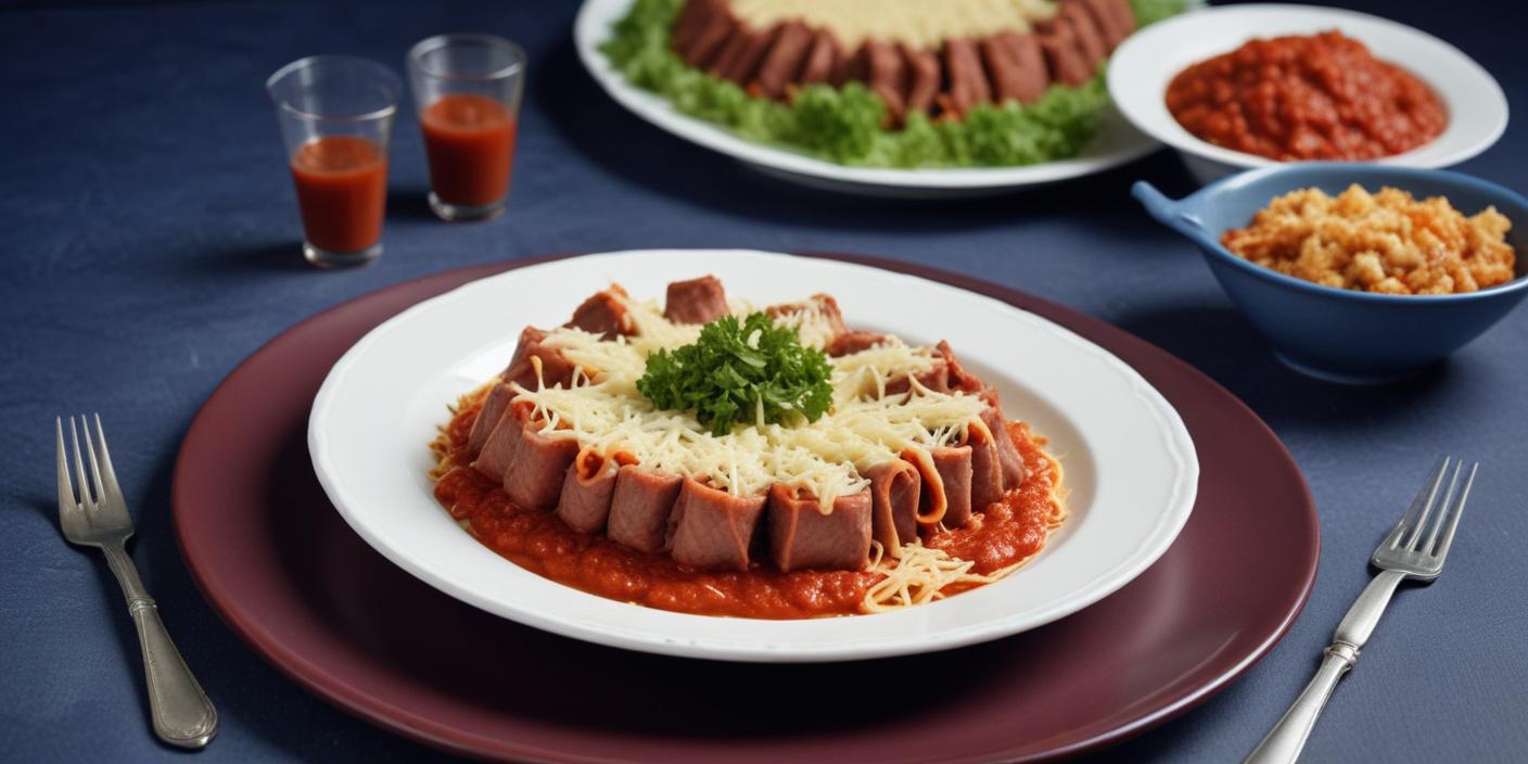 Stuffed pork loin with sauce – A plate of sliced stuffed pork loin covered in tomato sauce and garnished with fresh herbs.