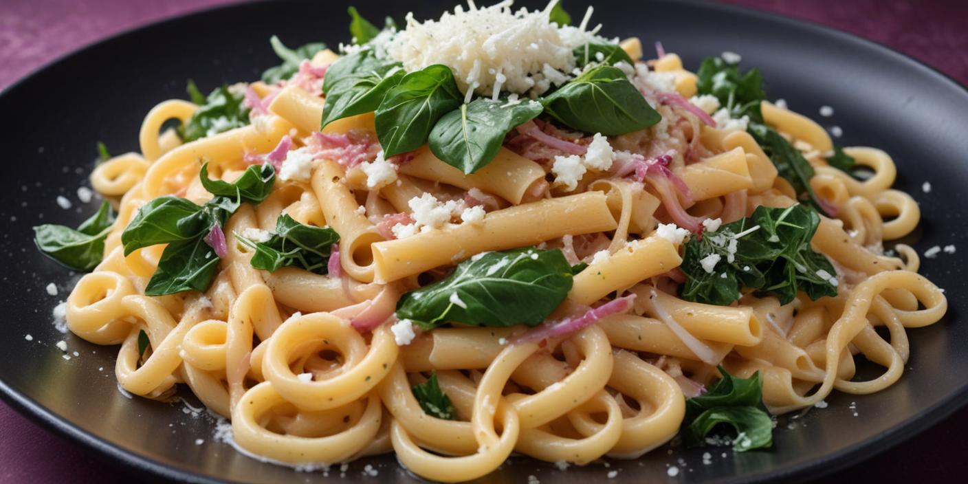 Pasta with fresh basil and parmesan – A plate of pasta mixed with fresh basil, red onions, and topped with grated parmesan cheese.