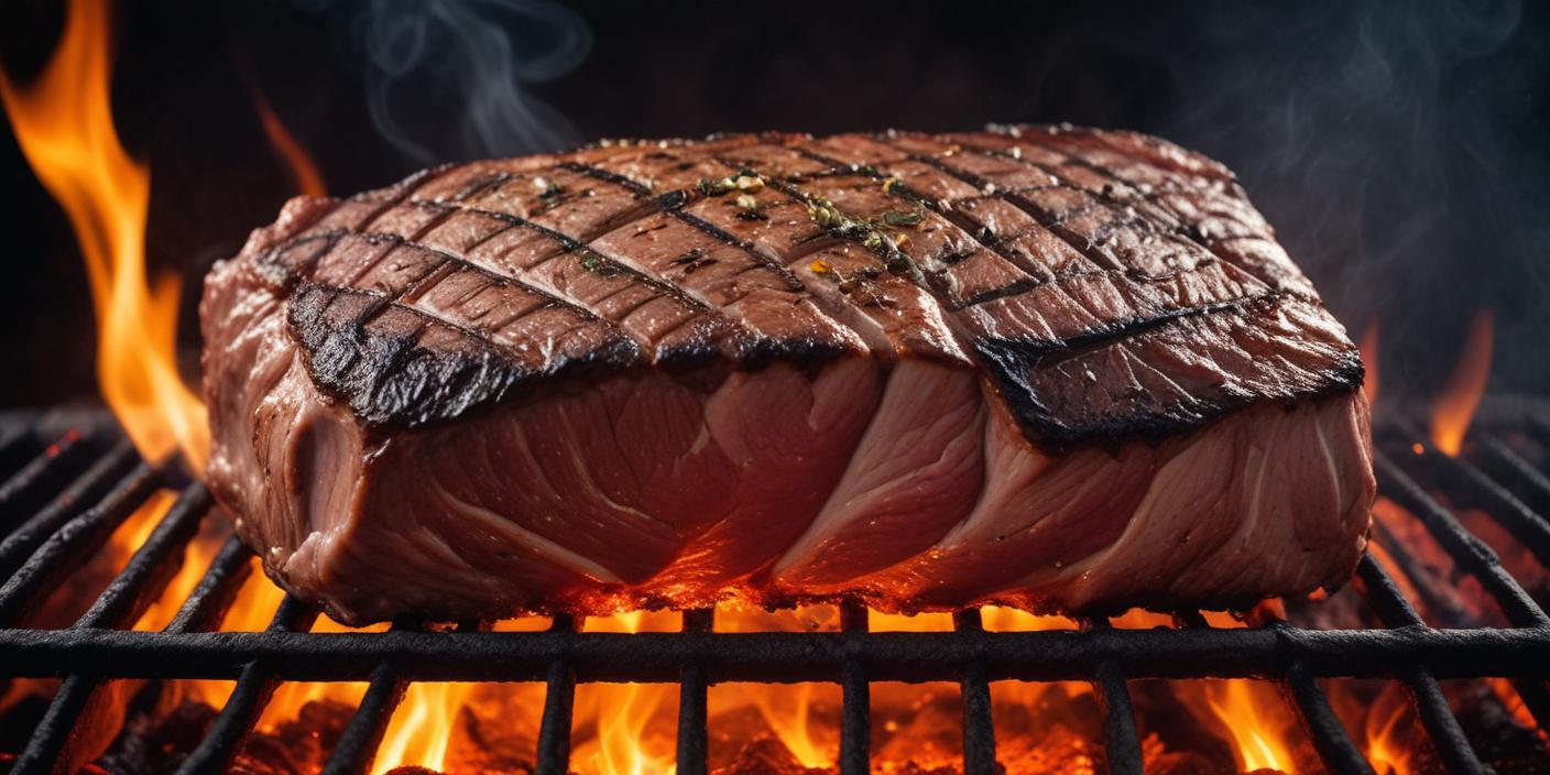 Grilled steak over open flames – A large, perfectly grilled steak with a charred crust cooking over an open flame.