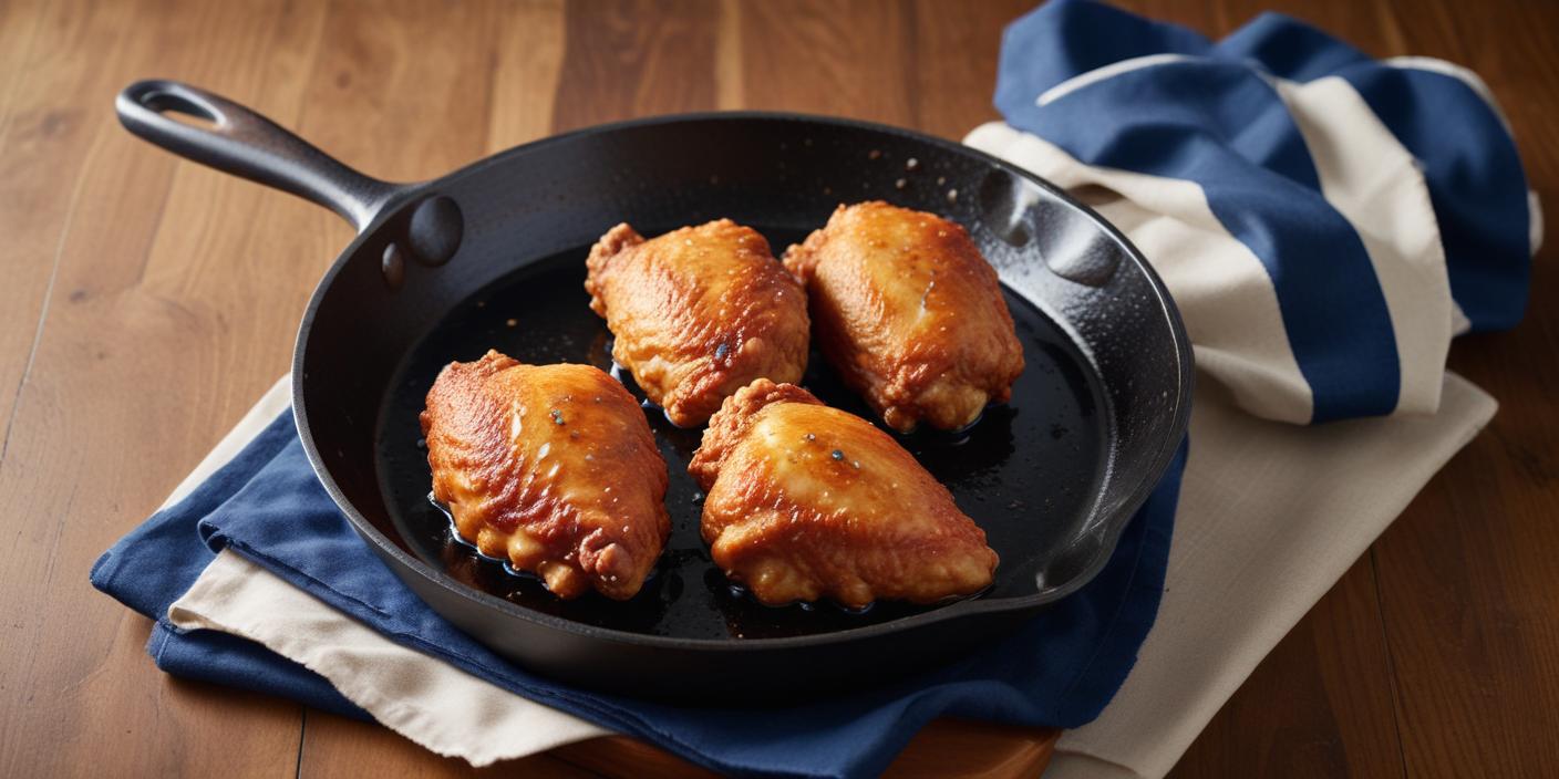 Pan-seared chicken thighs – Golden-brown chicken thighs sizzling in a black cast-iron skillet, cooked to crispy perfection.