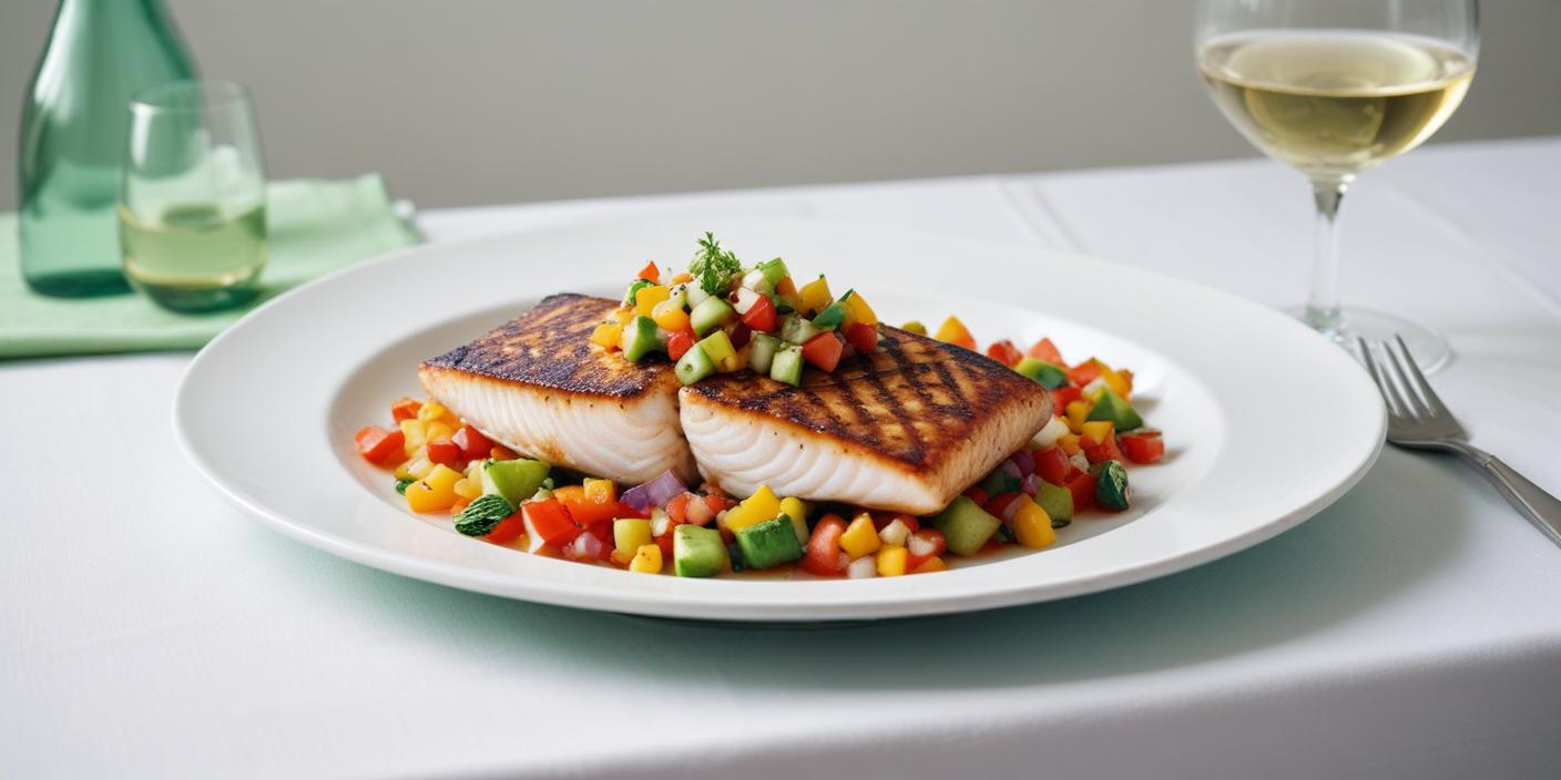 Grilled fish with vegetable salsa – A fillet of grilled fish with perfect sear marks, served on a bed of finely chopped vegetable salsa.