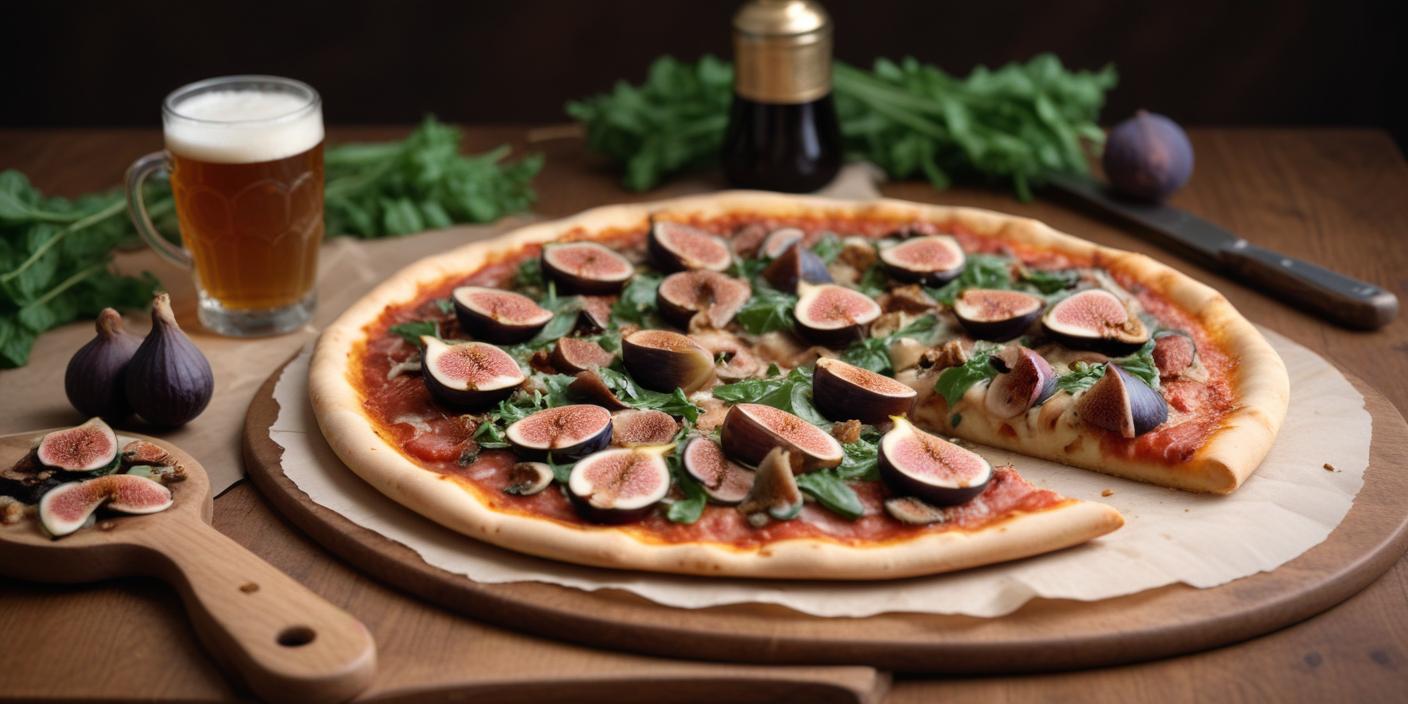 Gourmet pizza with figs and herbs – A freshly baked artisanal pizza topped with figs, fresh herbs, and a thin, crispy crust.