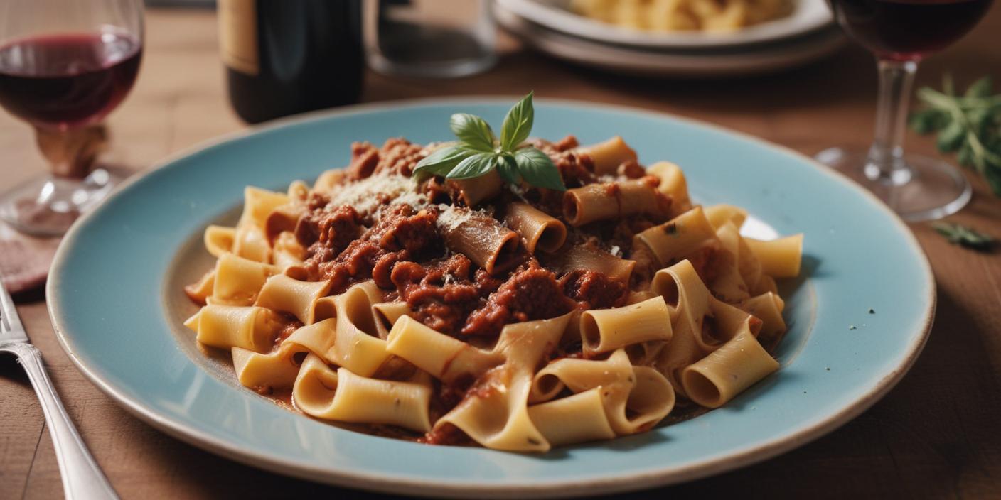 Pappardelle with meat sauce – A plate of wide ribbon pasta topped with rich meat sauce and garnished with fresh basil.