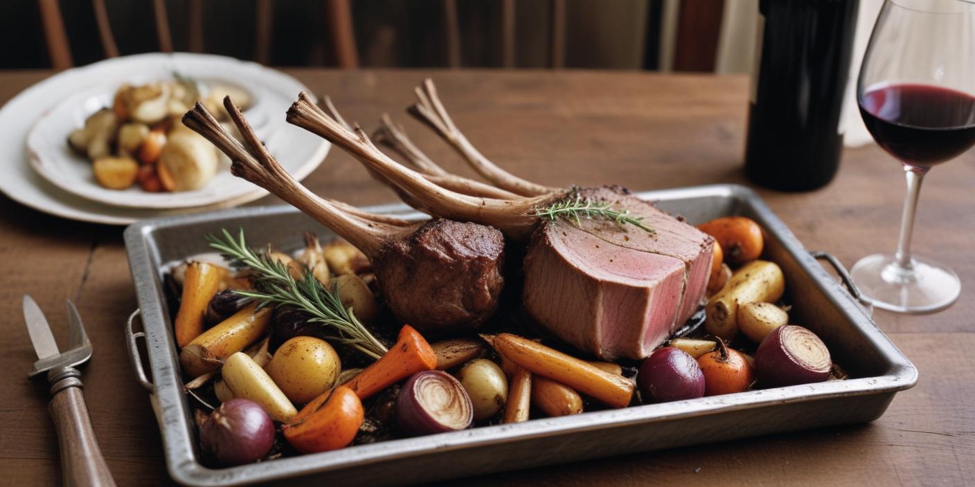 Rack of lamb with roasted vegetables – A beautifully plated rack of lamb cooked to perfection, served with roasted root vegetables on a metal tray.