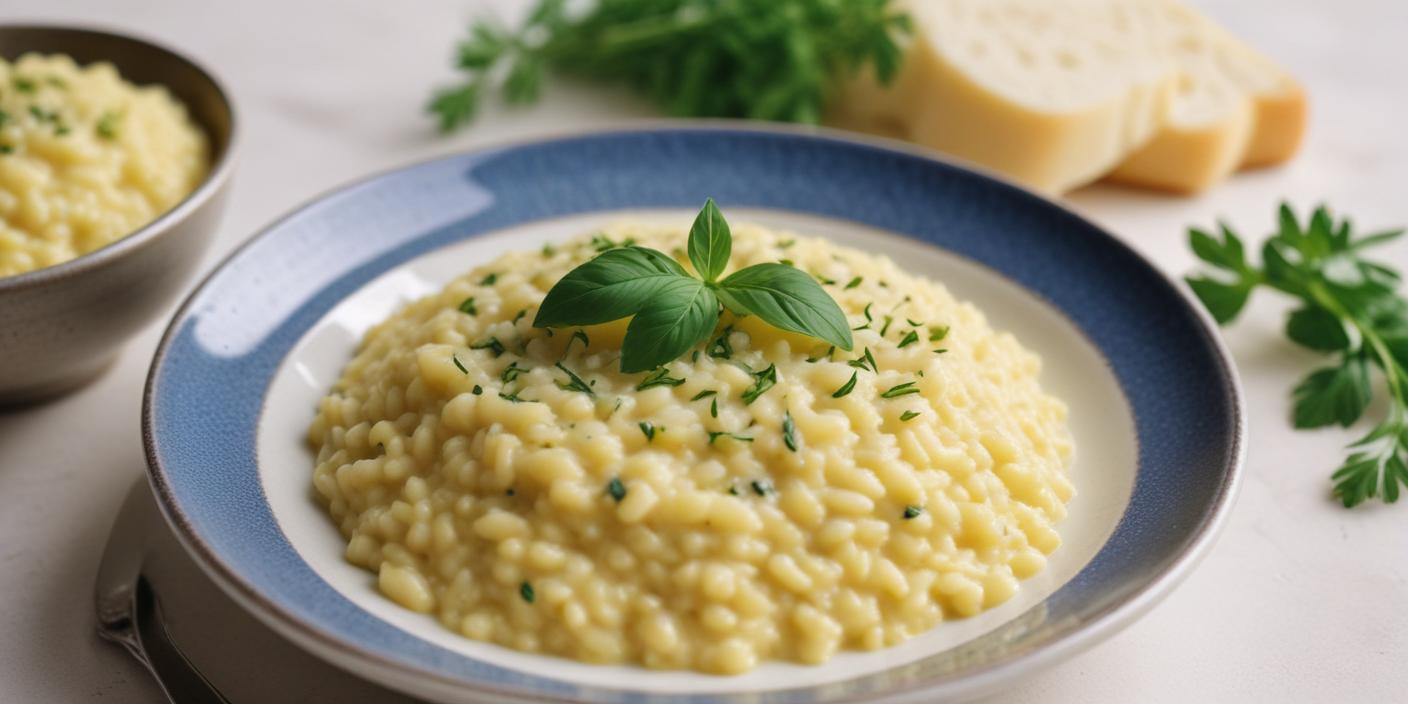 Creamy risotto with basil – A bowl of creamy risotto garnished with fresh basil and chives, served on a blue-rimmed plate.