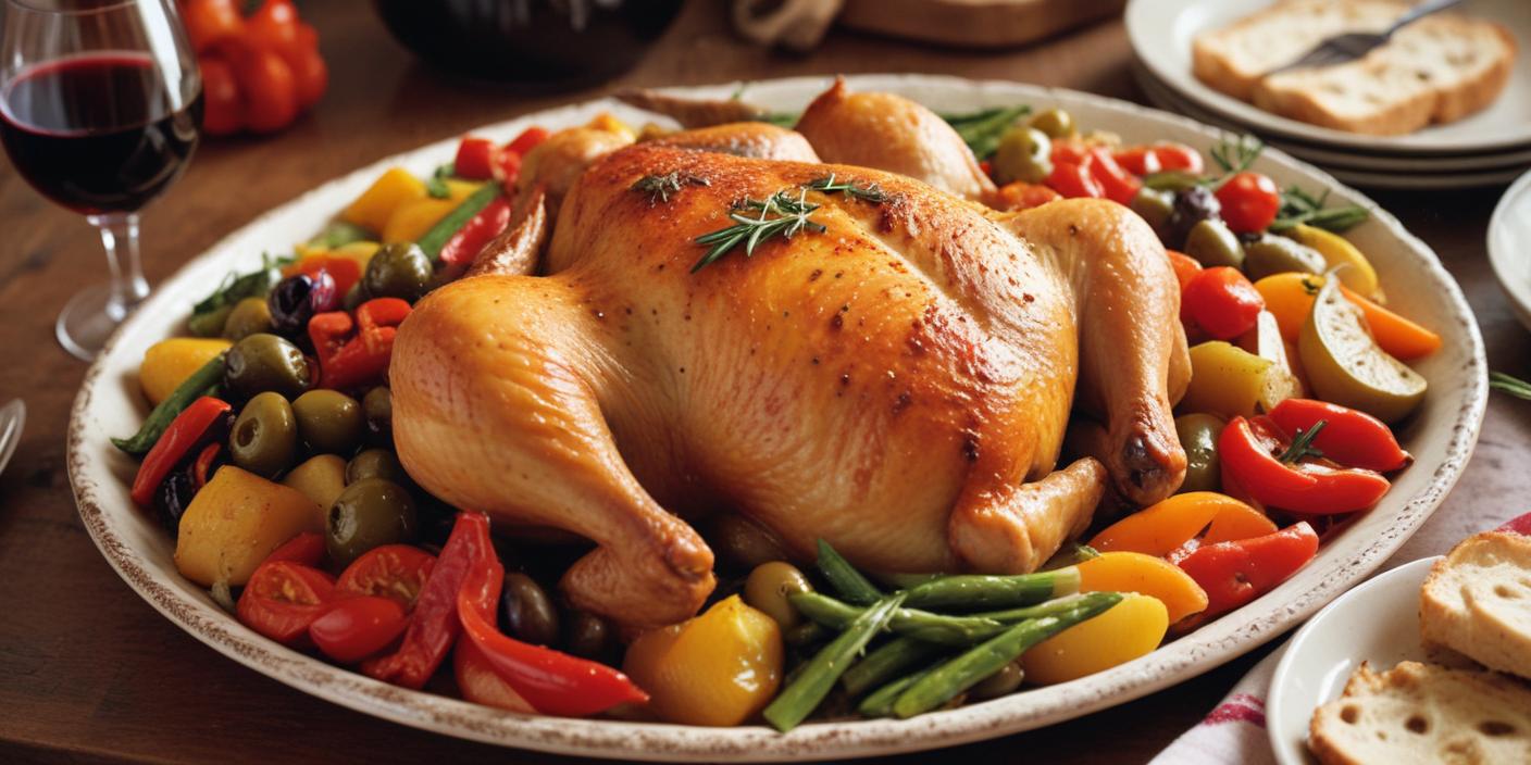 Whole roasted chicken with vegetables – A perfectly roasted whole chicken served with green beans, bell peppers, and potatoes.