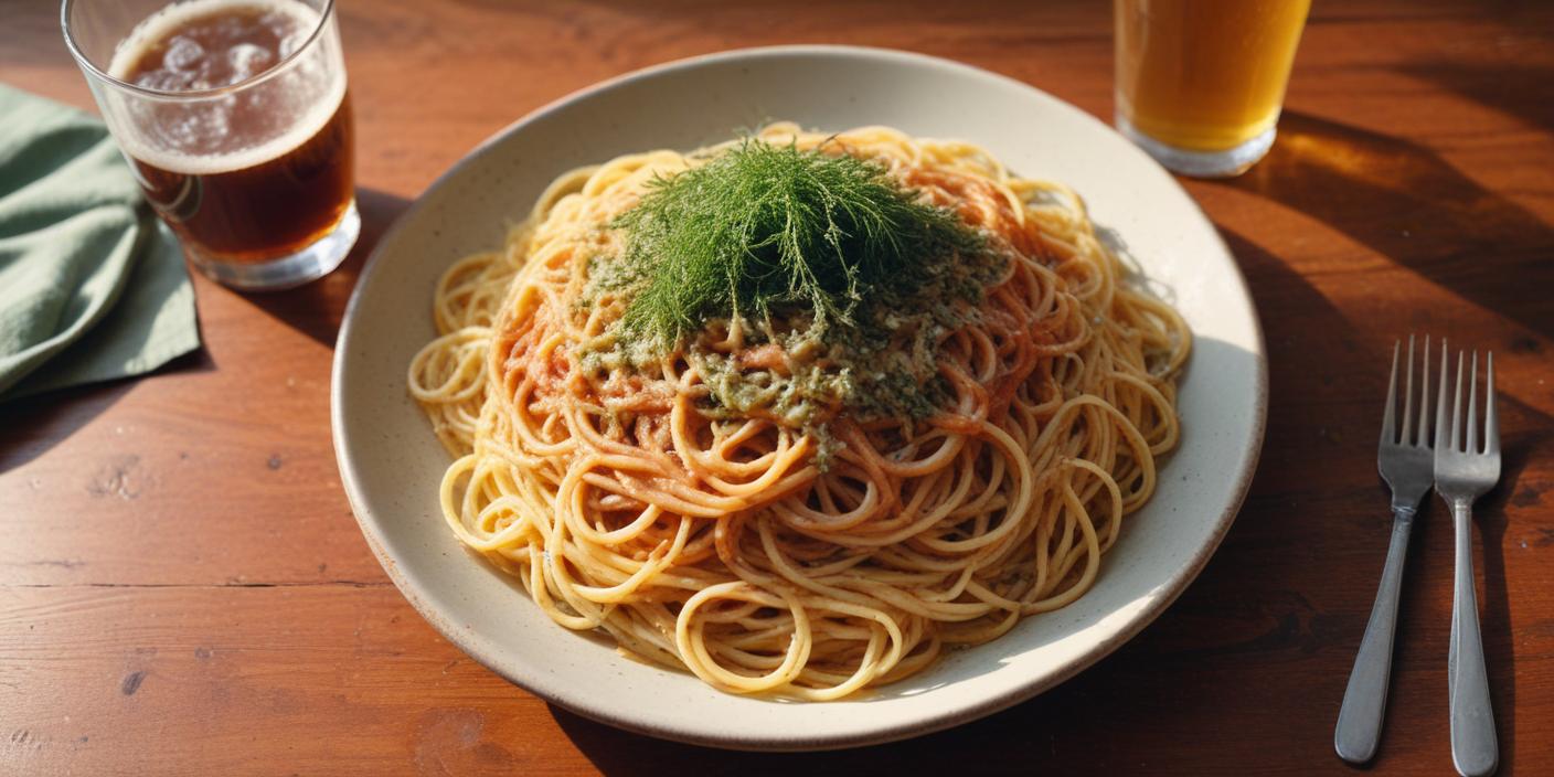 Simple spaghetti with fresh herbs – A plate of spaghetti lightly seasoned with olive oil and topped with fresh dill.