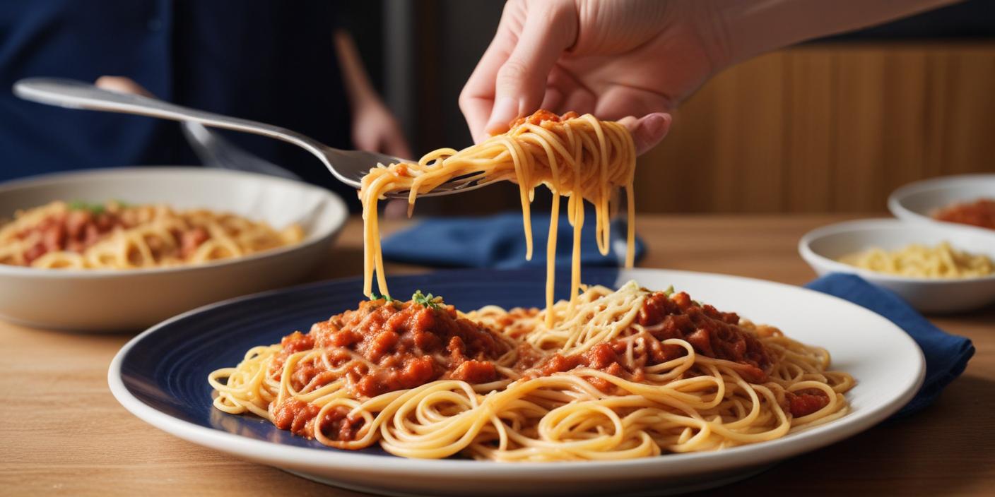 Spaghetti Bolognese being twirled on a fork – A plate of classic spaghetti Bolognese with rich meat sauce, with a fork lifting a serving of noodles.