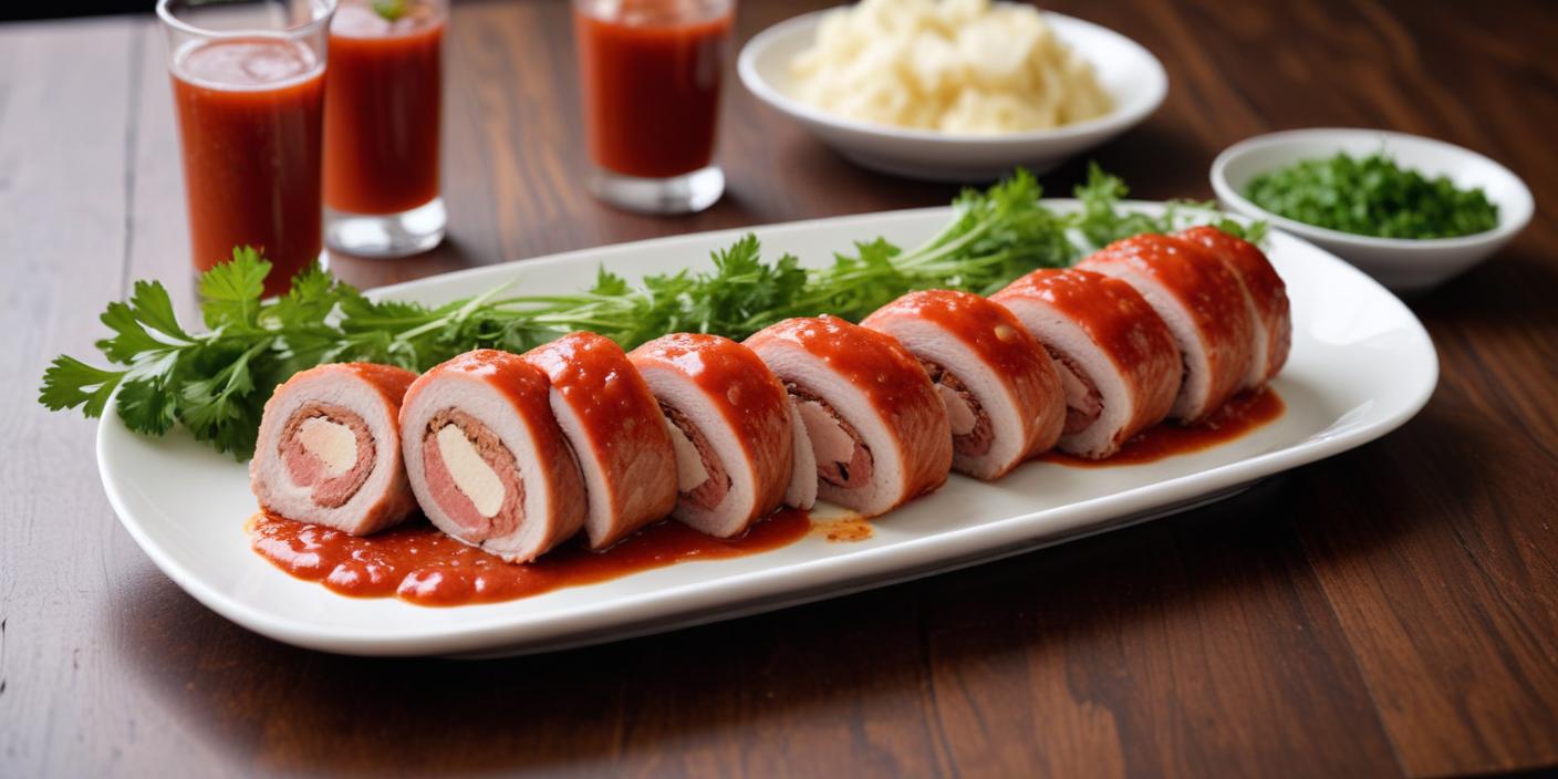 Stuffed chicken breast with tomato sauce – Sliced, rolled chicken breast stuffed with herbs and cheese, drizzled with tomato sauce and garnished with fresh greens.