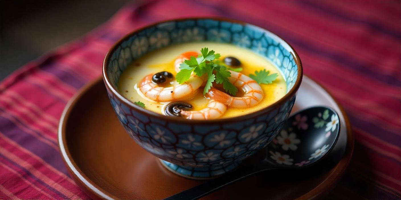 A bowl of mushroom soup with creamy broth, garnished with parsley and mushrooms.