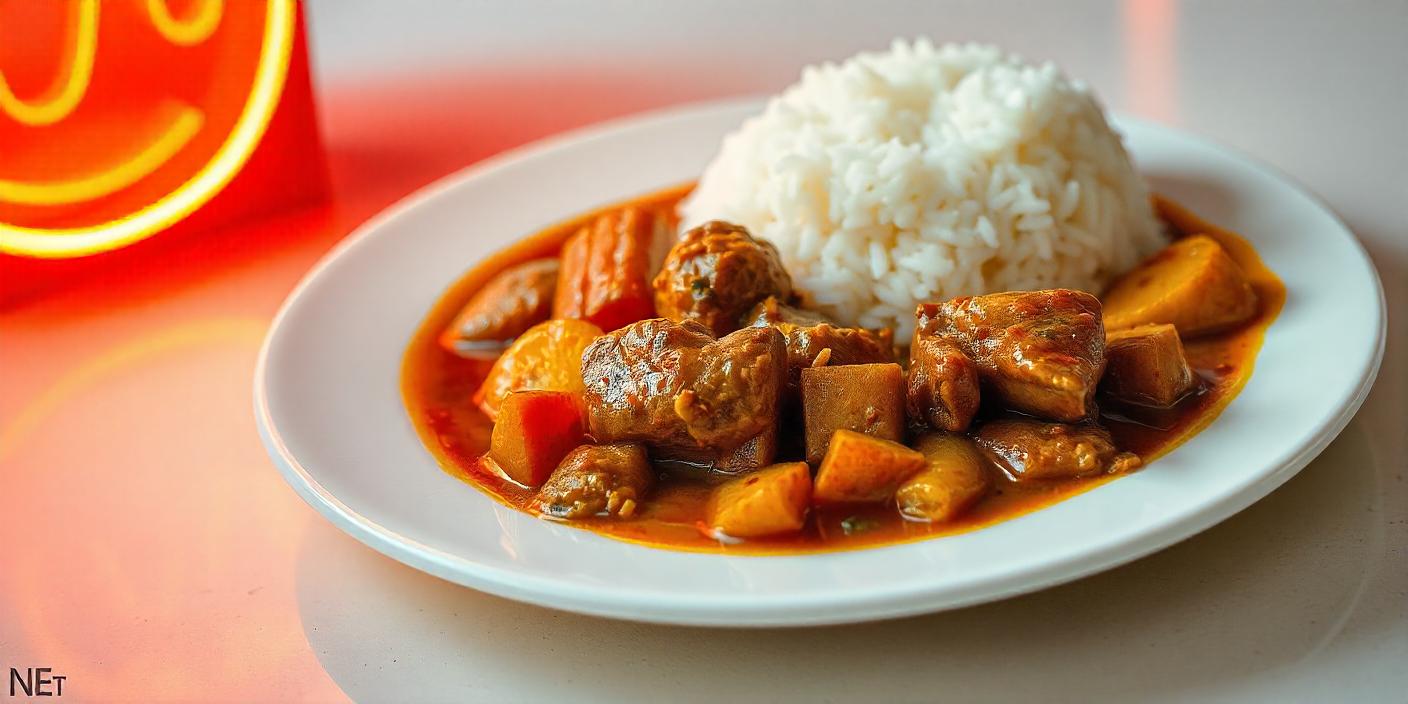 A plate of Japanese curry served with rice, featuring tender meat and vegetables.