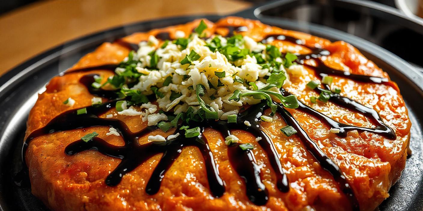 A bowl of kimchi fried rice topped with shredded greens and a drizzle of dark sauce.