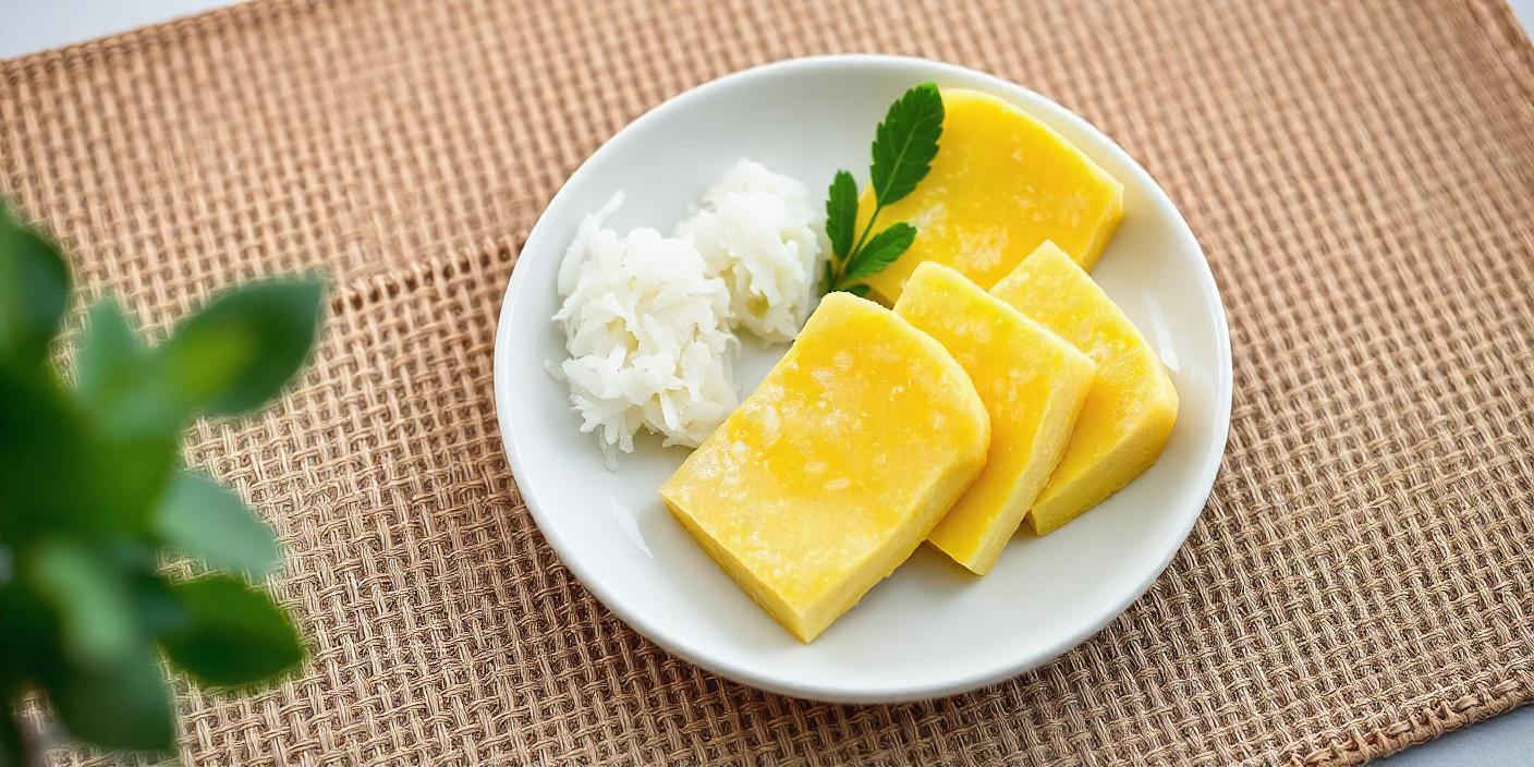 A plate of fluffy omelet served over white rice and garnished with mint.