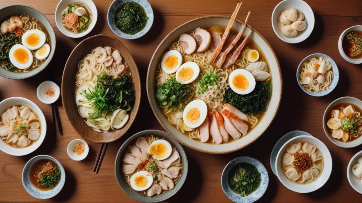A bowl of ramen with sliced pork, soft-boiled eggs, seaweed, and green onions.