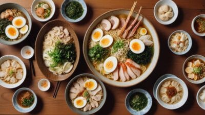 A bowl of ramen with sliced pork, soft-boiled eggs, seaweed, and green onions.