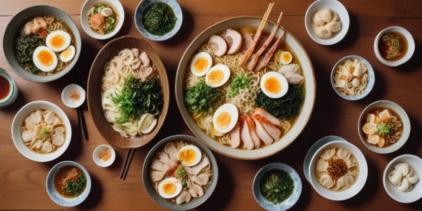 A bowl of ramen with sliced pork, soft-boiled eggs, seaweed, and green onions.