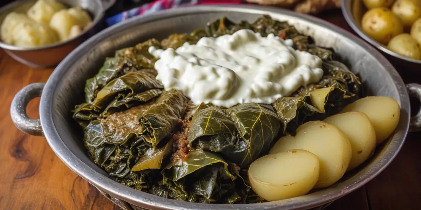 Stuffed grape leaves topped with yogurt, served with boiled potatoes. BookOfFoods