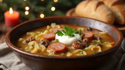 A steaming bowl of Slovak Kapustnica soup with sauerkraut, smoked sausage, pork, and mushrooms, garnished with sour cream and parsley, served with rustic rye bread on a wooden table.