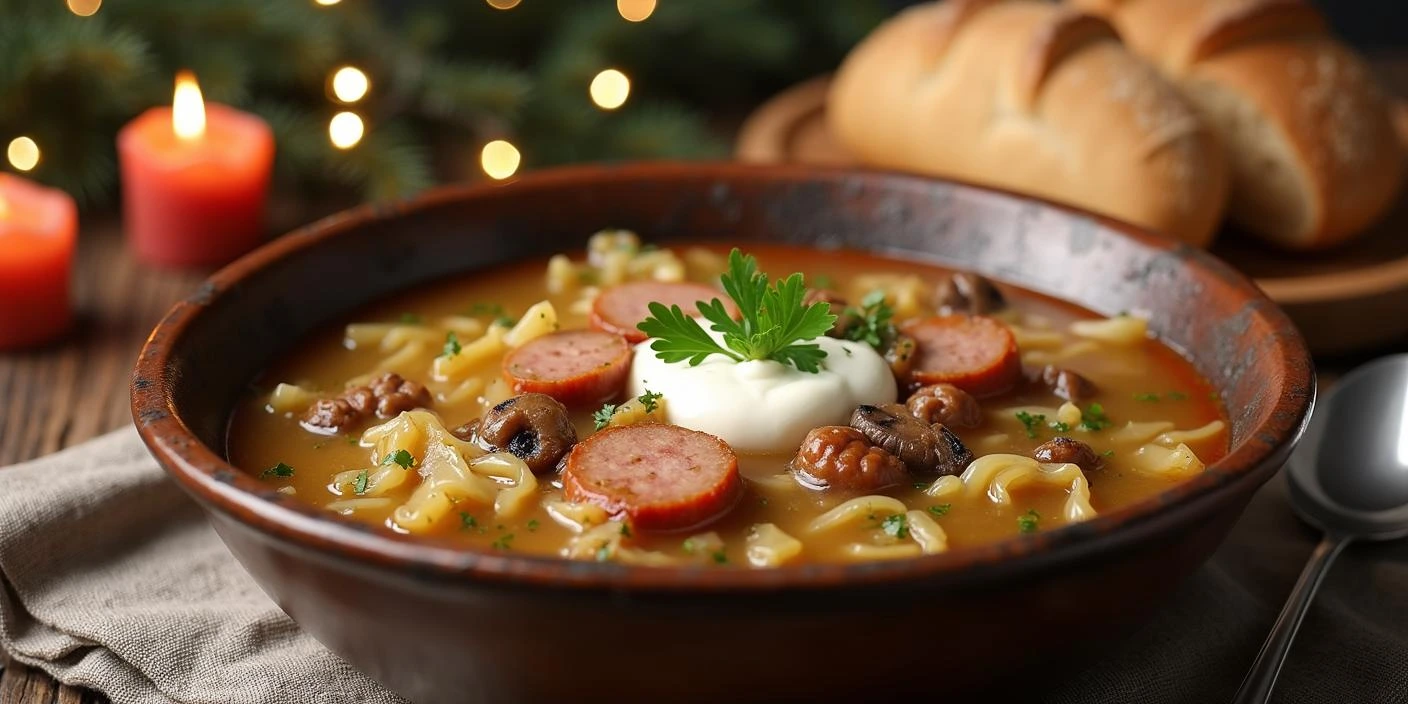 A steaming bowl of Slovak Kapustnica soup with sauerkraut, smoked sausage, pork, and mushrooms, garnished with sour cream and parsley, served with rustic rye bread on a wooden table.