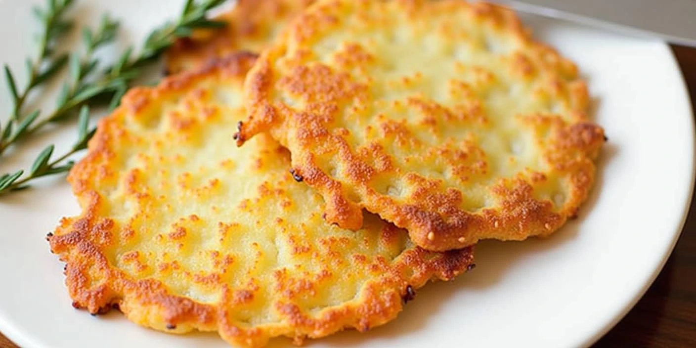 Golden-brown crispy potato pancakes on a white plate with rosemary garnish.