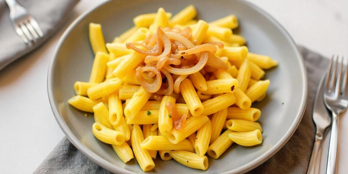 Pasta with Fried Onions – A simple yet delicious plate of pasta topped with golden fried onions.