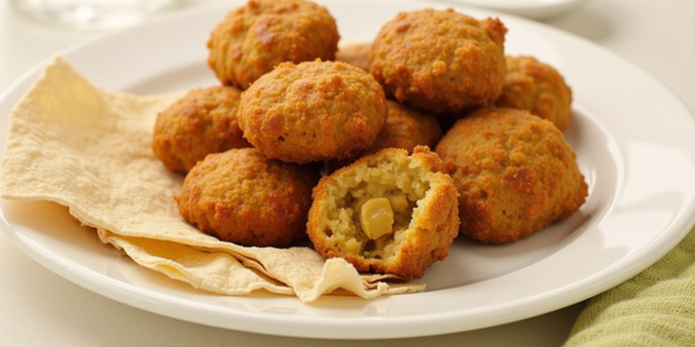 Plate of crispy golden falafel balls with a soft filling, served with flatbread. BookOfFoods