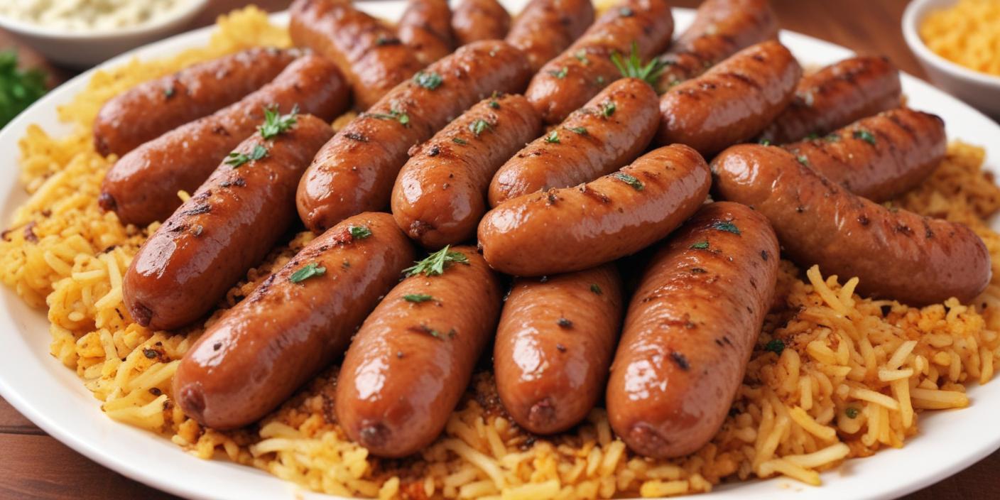 Grilled sausages served on a bed of spiced rice. BookOfFoods