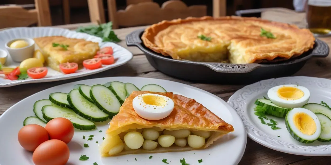 Savory pie slice filled with boiled eggs and cheese, served with fresh vegetables. BookOfFoods