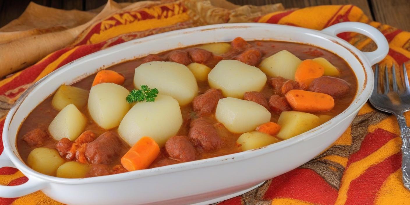 Stewed beans and meat with boiled potatoes and carrots in a white bowl. BookOfFoods