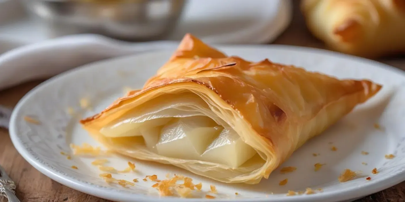 Flaky pastry filled with melted cheese, served on a white plate. BookOfFoods