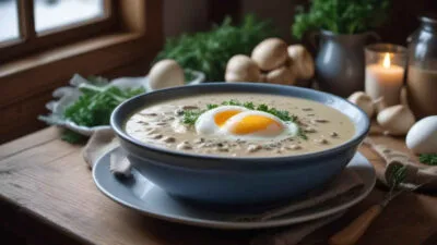 Traditional soup cooking over a fire â A cozy kitchen scene with a pot of soup being stirred over an open flame, surrounded by fresh ingredients like garlic, herbs, and eggs.