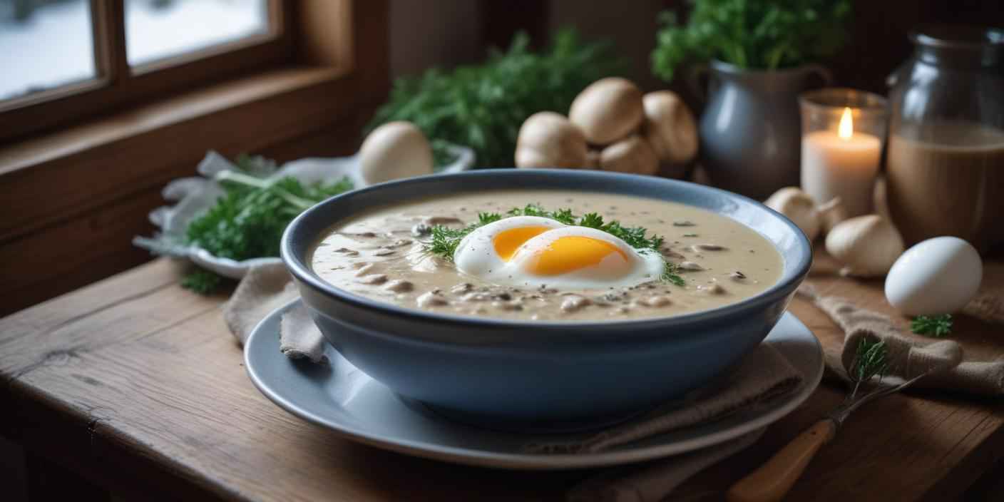 Traditional soup cooking over a fire – A cozy kitchen scene with a pot of soup being stirred over an open flame, surrounded by fresh ingredients like garlic, herbs, and eggs.