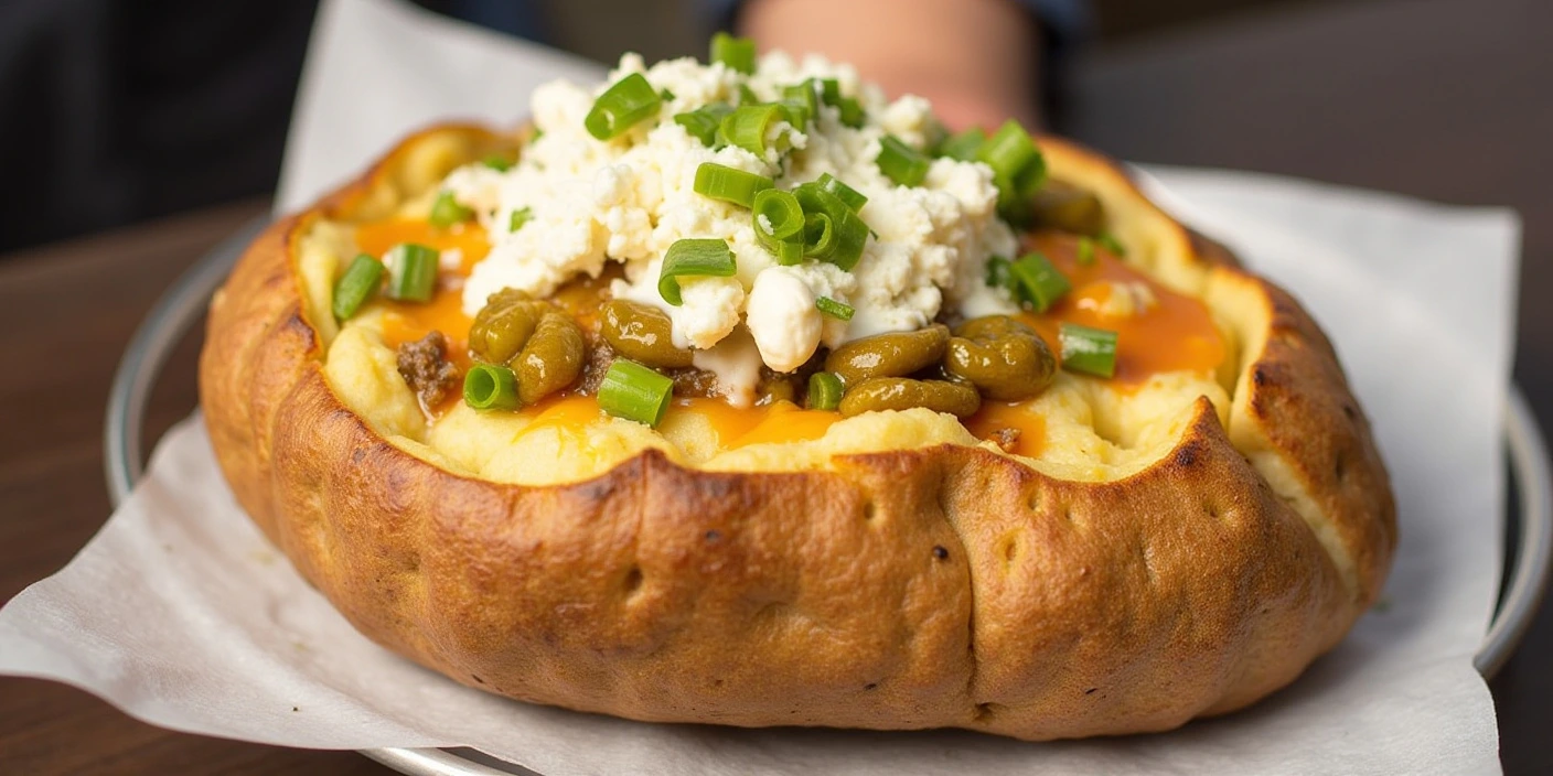 Loaded Baked Potato – A baked potato topped with cheese, green onions, and beans.