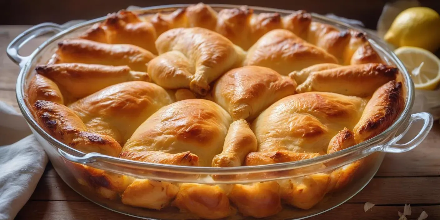 Golden baked stuffed pastries arranged in a round baking dish. BookOfFoods
