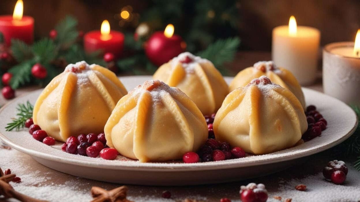 Golden-brown steamed dumplings topped with icing and raspberries, served with cranberries. BookOfFoods