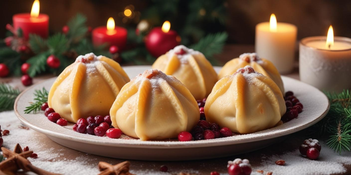 Golden-brown steamed dumplings topped with icing and raspberries, served with cranberries. BookOfFoods