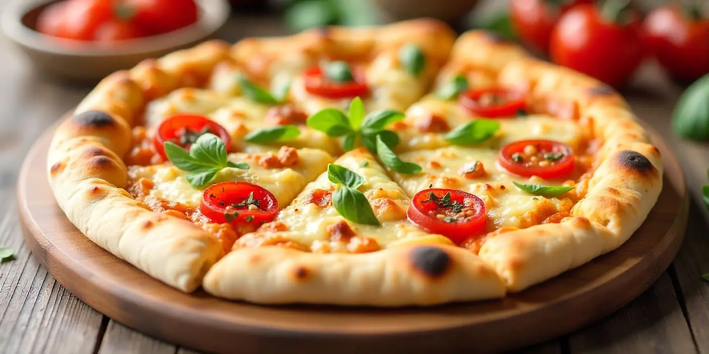 Cheesy Flatbread Pizza – A crispy flatbread pizza topped with cheese, cherry tomatoes, and fresh basil.