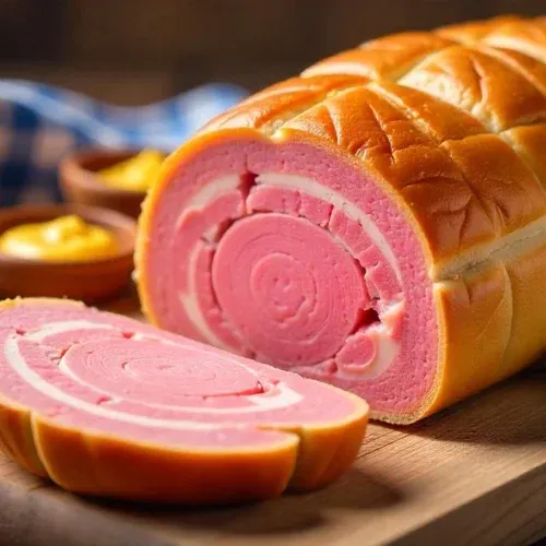 Authentic German Leberkäse – a golden-brown baked meatloaf sliced and served in a Kaiser roll with mustard, placed on a rustic wooden table with a Bavarian-style napkin.