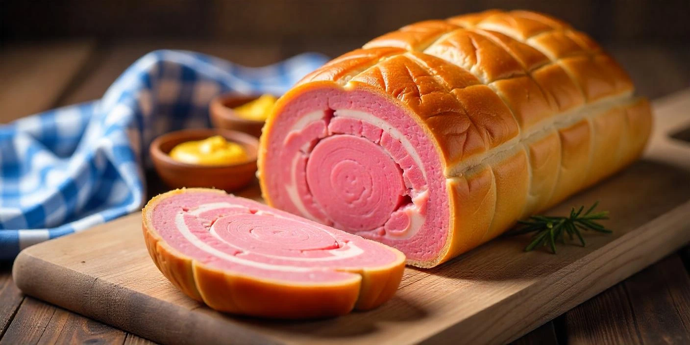 Authentic German Leberkäse – a golden-brown baked meatloaf sliced and served in a Kaiser roll with mustard, placed on a rustic wooden table with a Bavarian-style napkin.