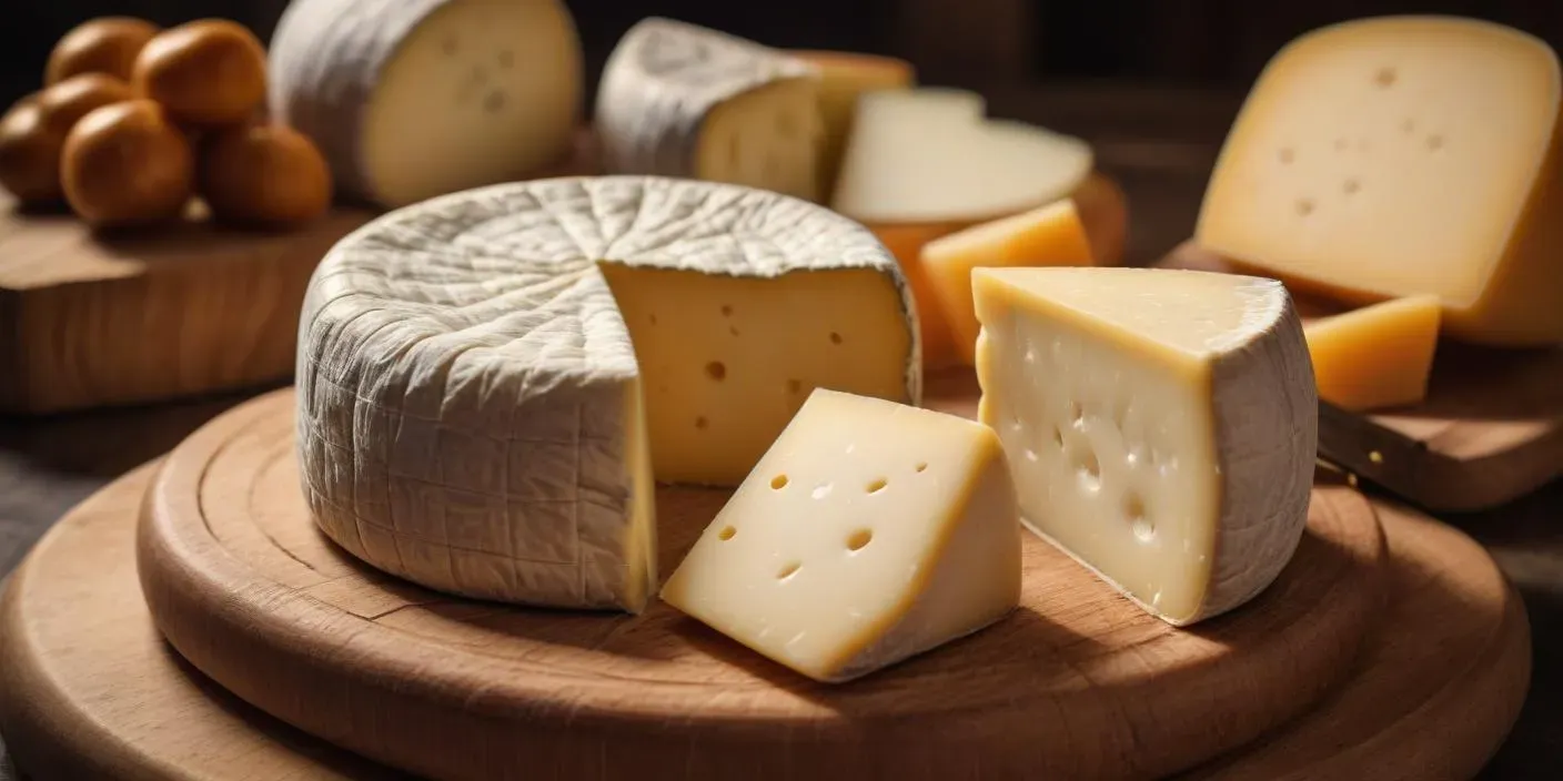 Assorted cheeses, including soft and hard varieties, displayed on a wooden board. BookOfFoods
